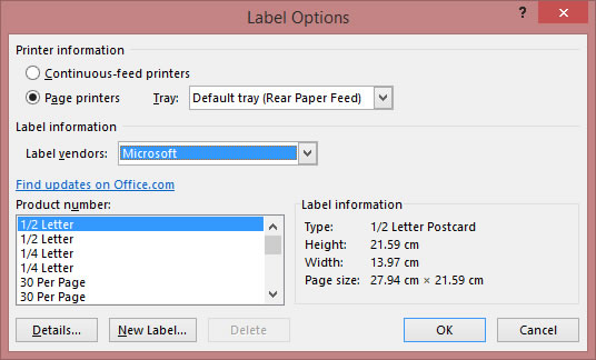 MS WORD Label Options